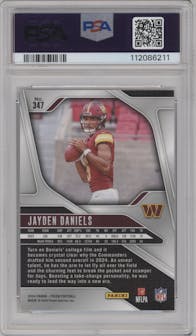 Jayden Daniels from the 2024 Panini Prizm set graded by PSA and given an overall grade of 10.