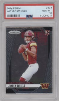Jayden Daniels from the 2024 Panini Prizm set graded by PSA and given an overall grade of 10.