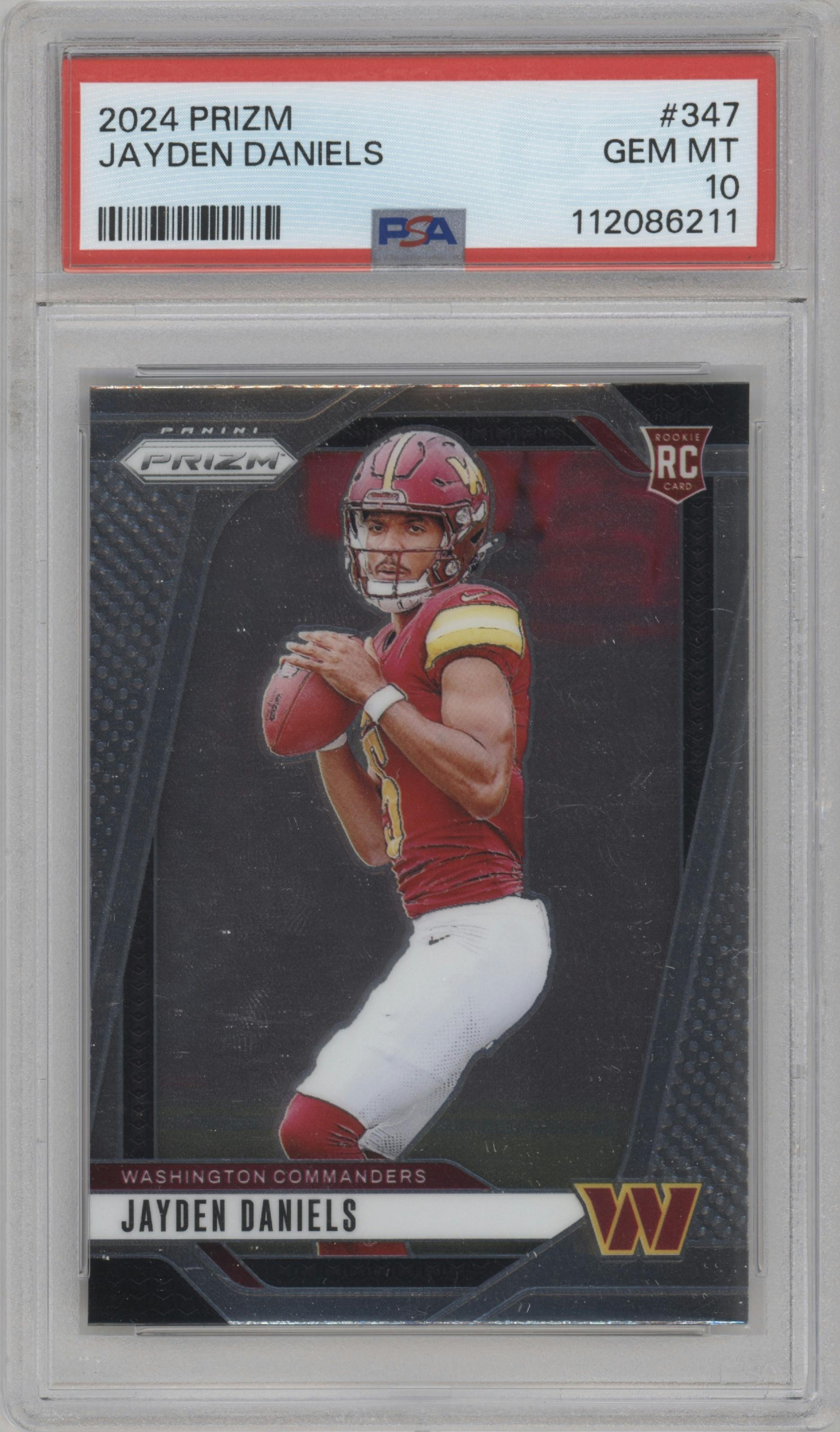 Jayden Daniels from the 2024 Panini Prizm set graded by PSA and given an overall grade of 10.