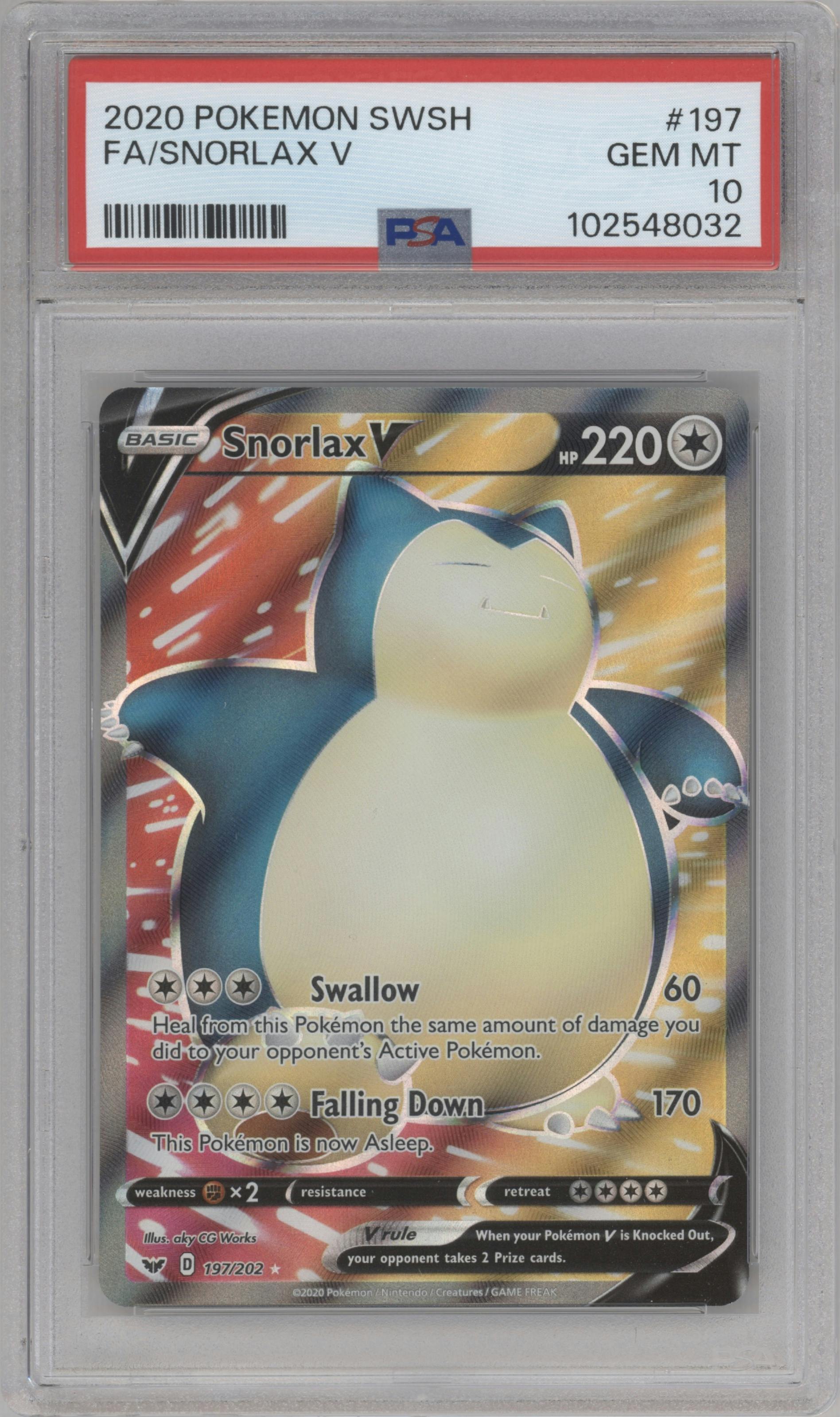 Snorlax V from the 2020 Pokemon SWSH set graded by PSA and given an overall grade of 10.