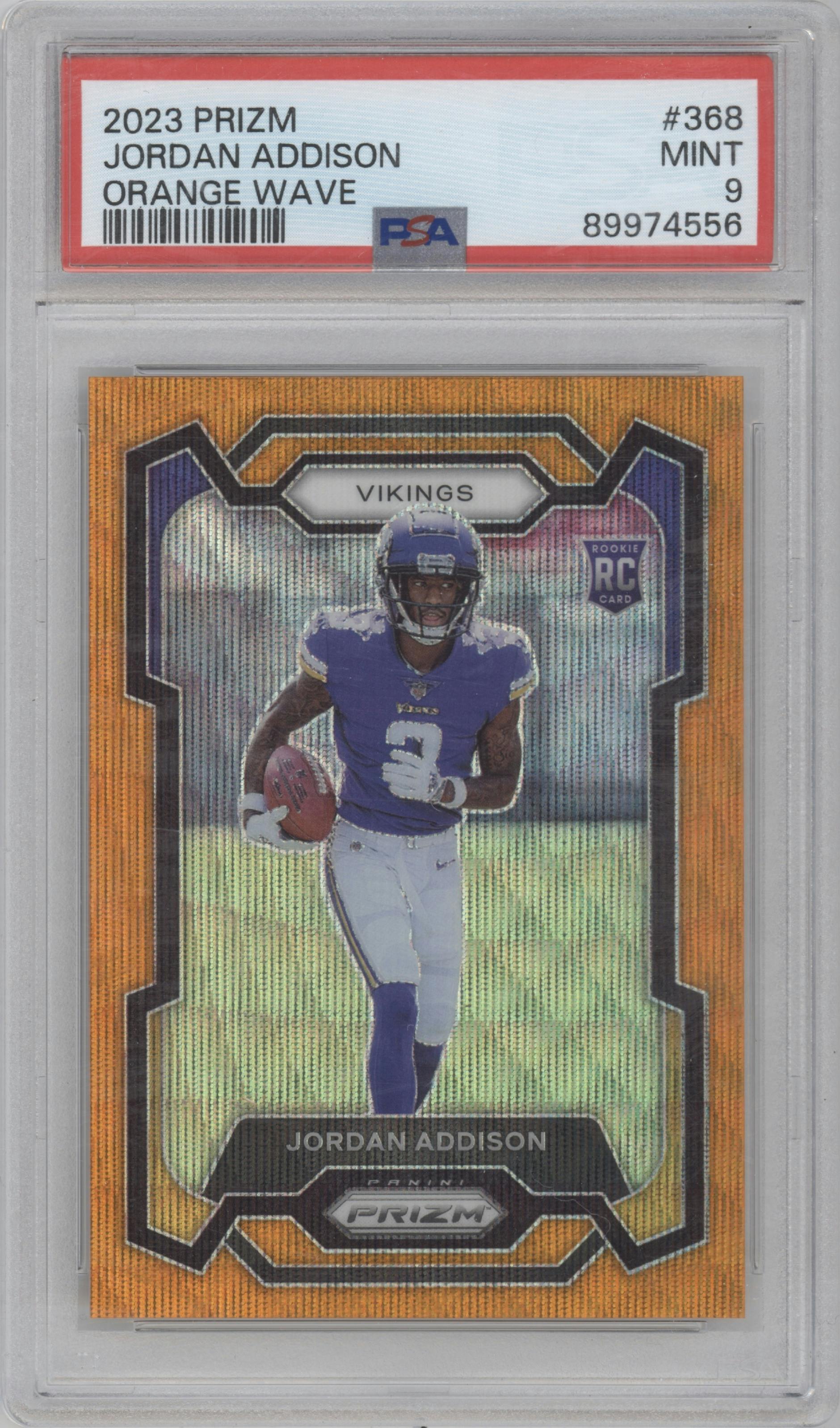 Jordan Addison from the 2023 Panini Prizm set featuring a Orange Wave parallel graded by PSA and given an overall grade of 9.