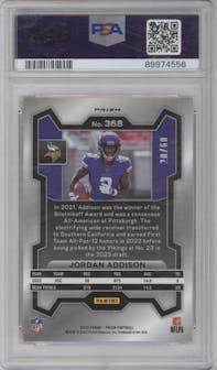 Jordan Addison from the 2023 Panini Prizm set featuring a Orange Wave parallel graded by PSA and given an overall grade of 9.