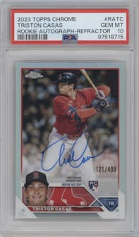Triston Casas from the 2023 Topps Chrome set featuring a Refractor parallel graded by PSA and given an overall grade of 10.