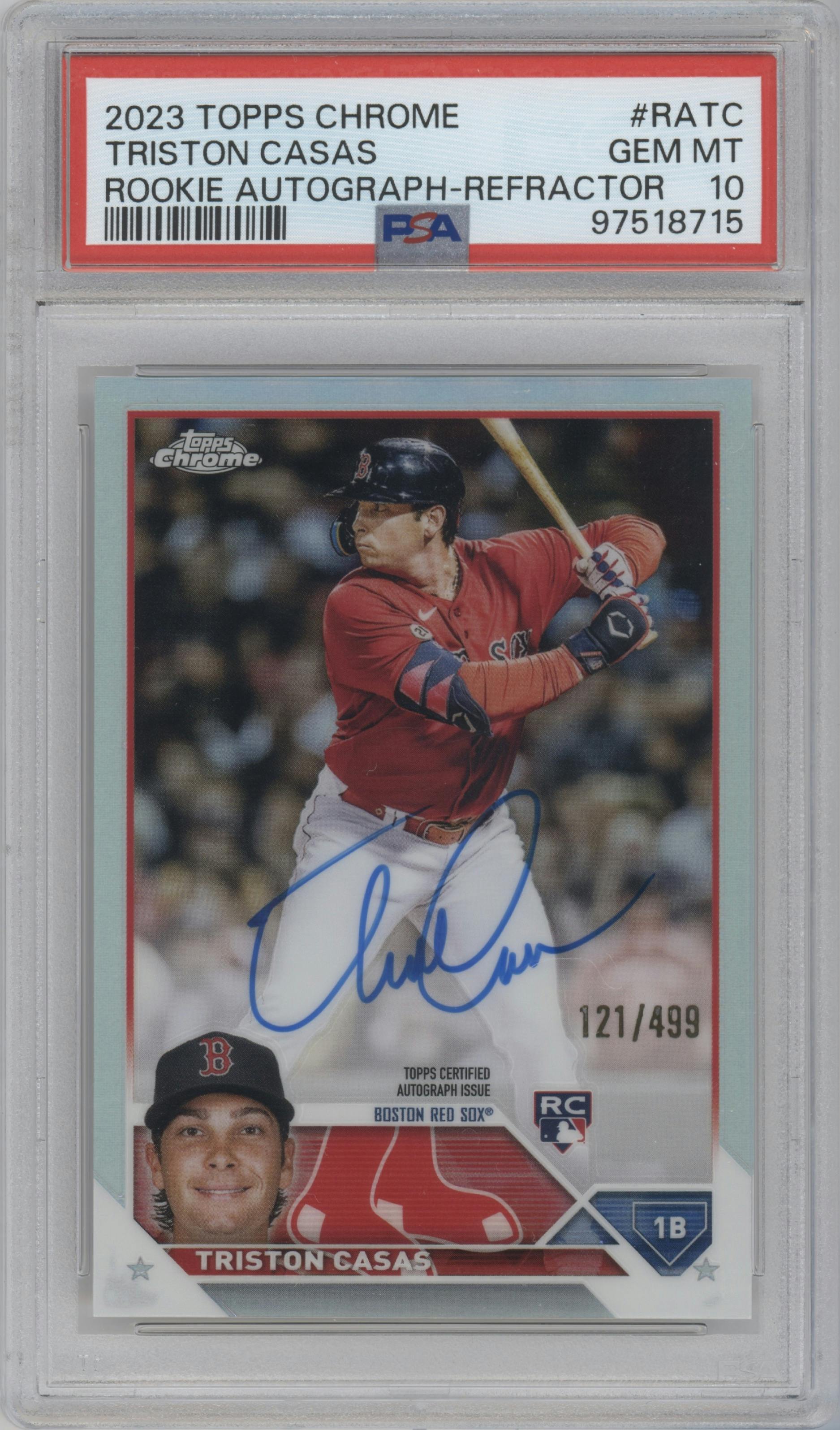 Triston Casas from the 2023 Topps Chrome set featuring a Refractor parallel graded by PSA and given an overall grade of 10.