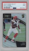 Nick Chubb from the 2018 Panini Select set featuring a Silver Prizm parallel graded by PSA and given an overall grade of 9.