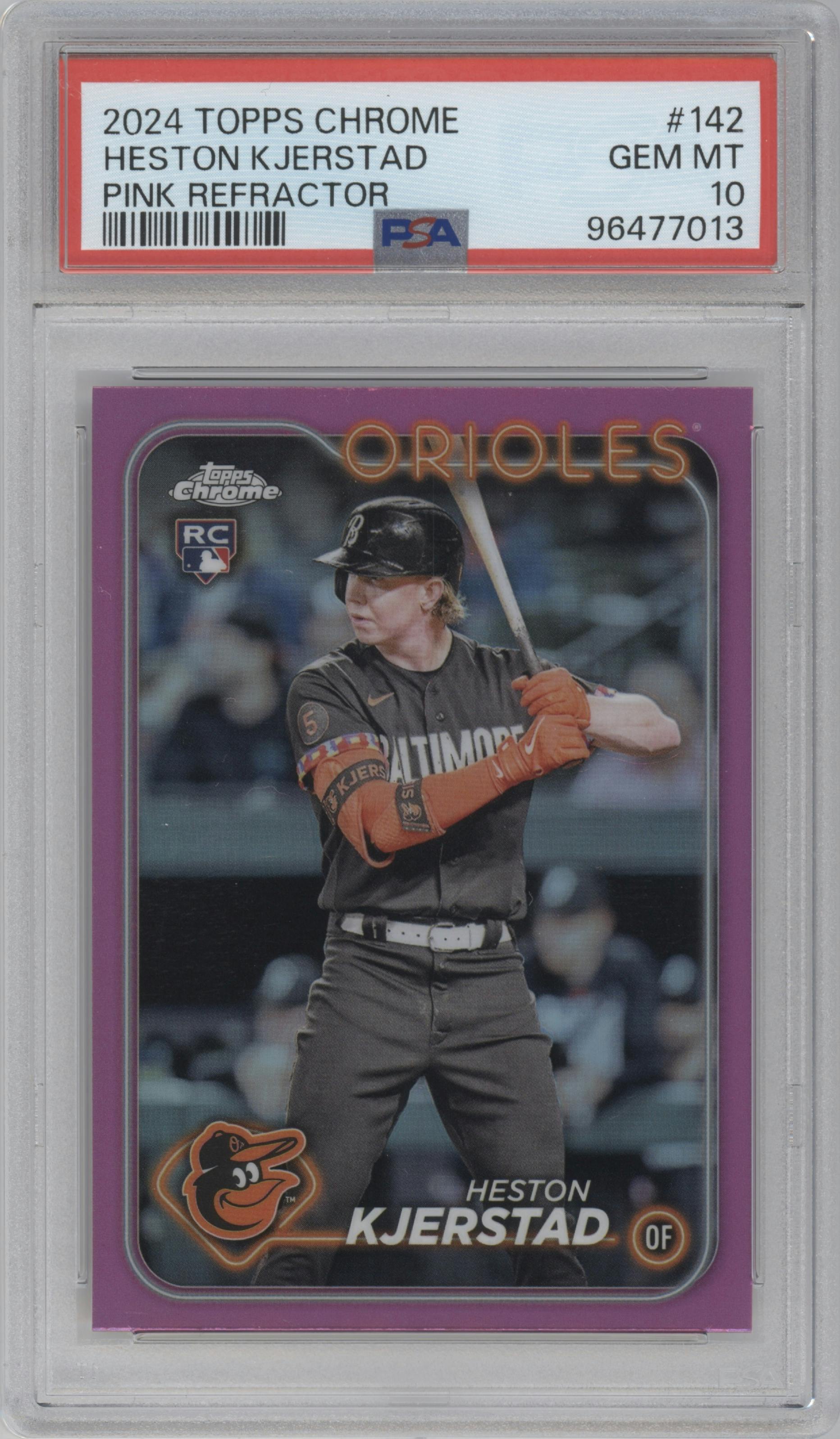Heston Kjerstad from the 2024 Topps Chrome set featuring a Pink Refractor parallel graded by PSA and given an overall grade of 10.