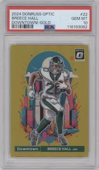 Breece Hall from the 2024 Donruss Optic set featuring a Gold parallel graded by PSA and given an overall grade of 10.
