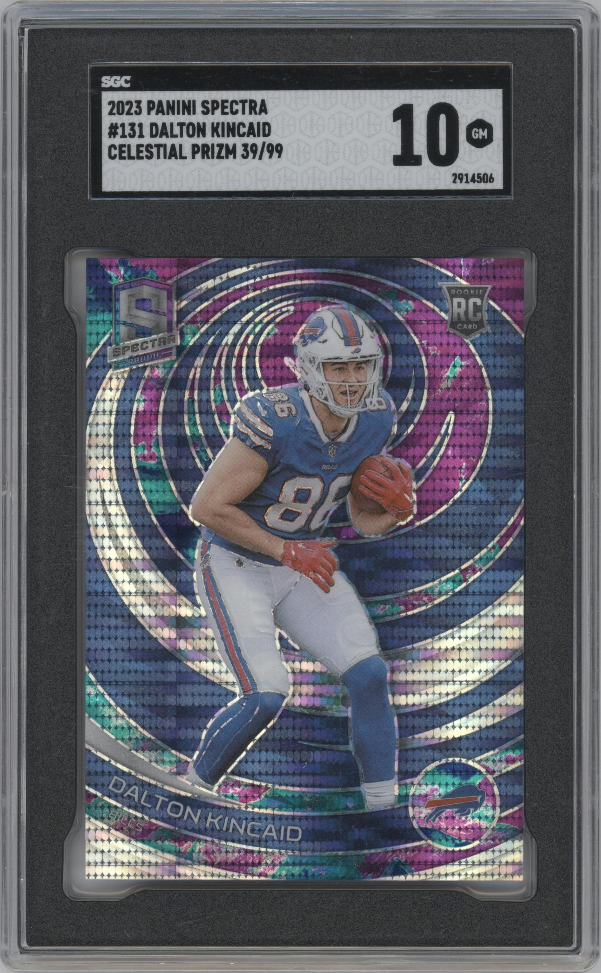 Dalton Kincaid from the 2023 Panini Spectra set featuring a Celestial parallel graded by SGC and given an overall grade of 10.