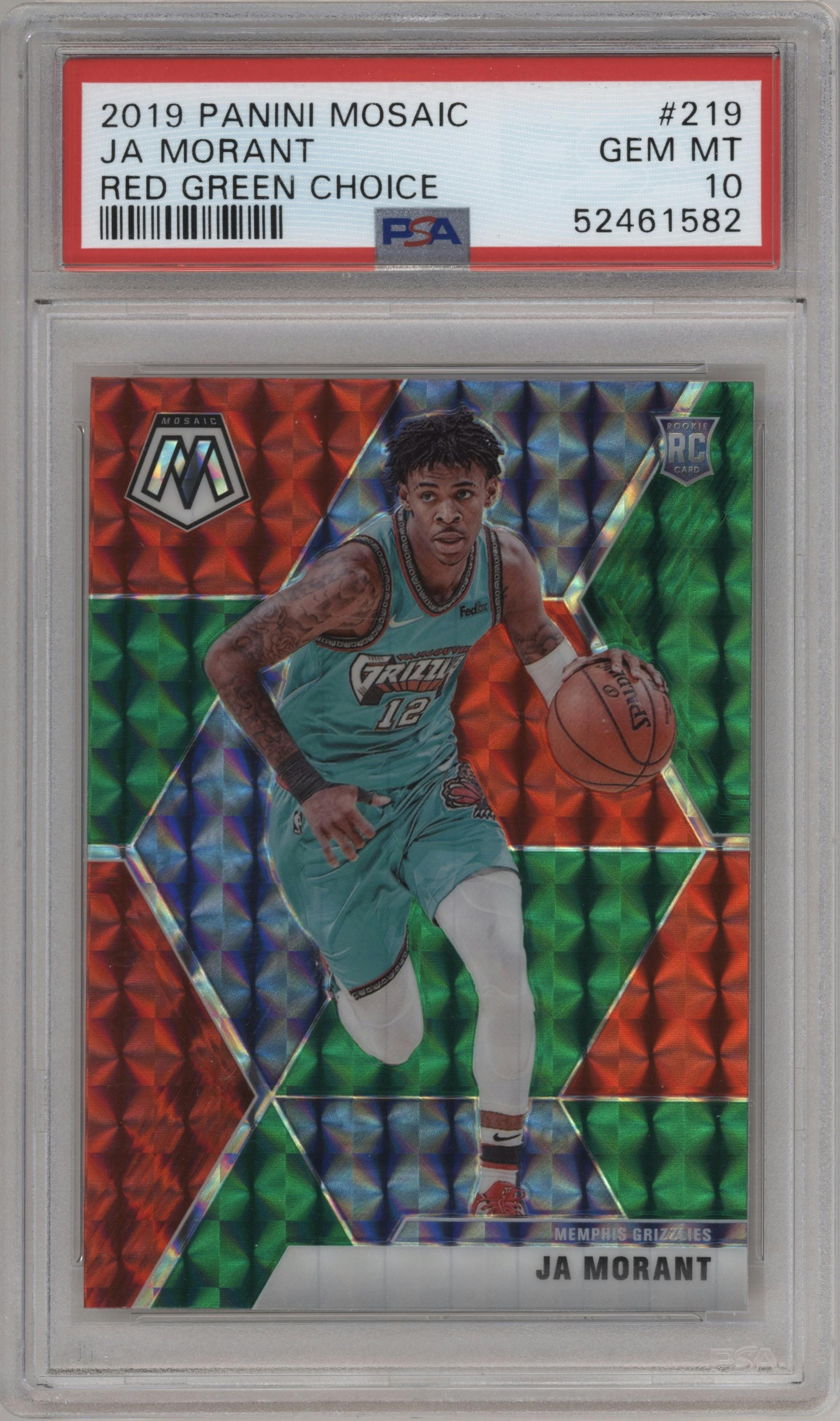 Ja Morant from the 2019-20 Panini Mosaic  set featuring a Choice Red&Green parallel graded by PSA and given an overall grade of 10.