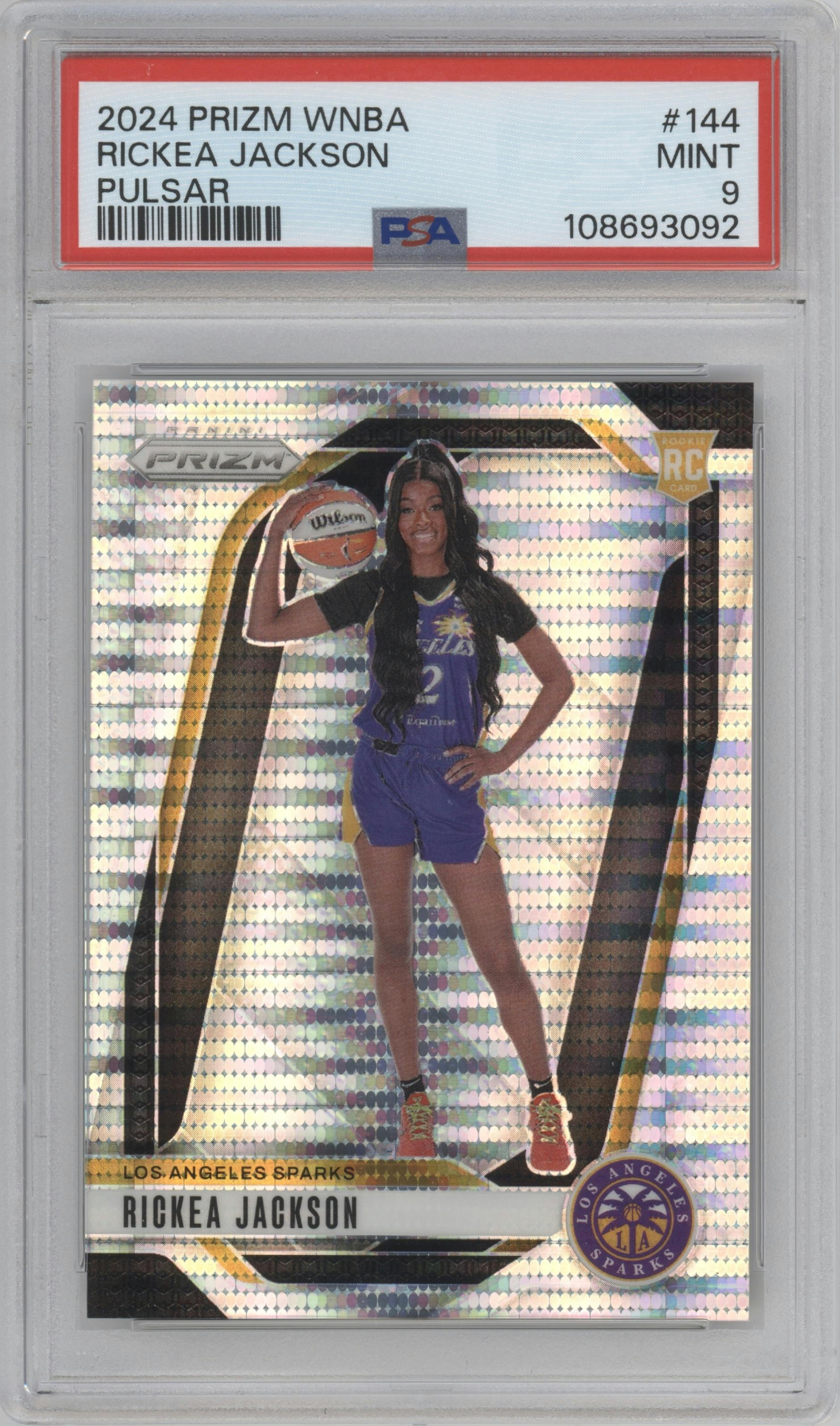 Rickea Jackson from the 2024 Panini Prizm WNBA set featuring a Pulsar parallel graded by PSA and given an overall grade of 9.
