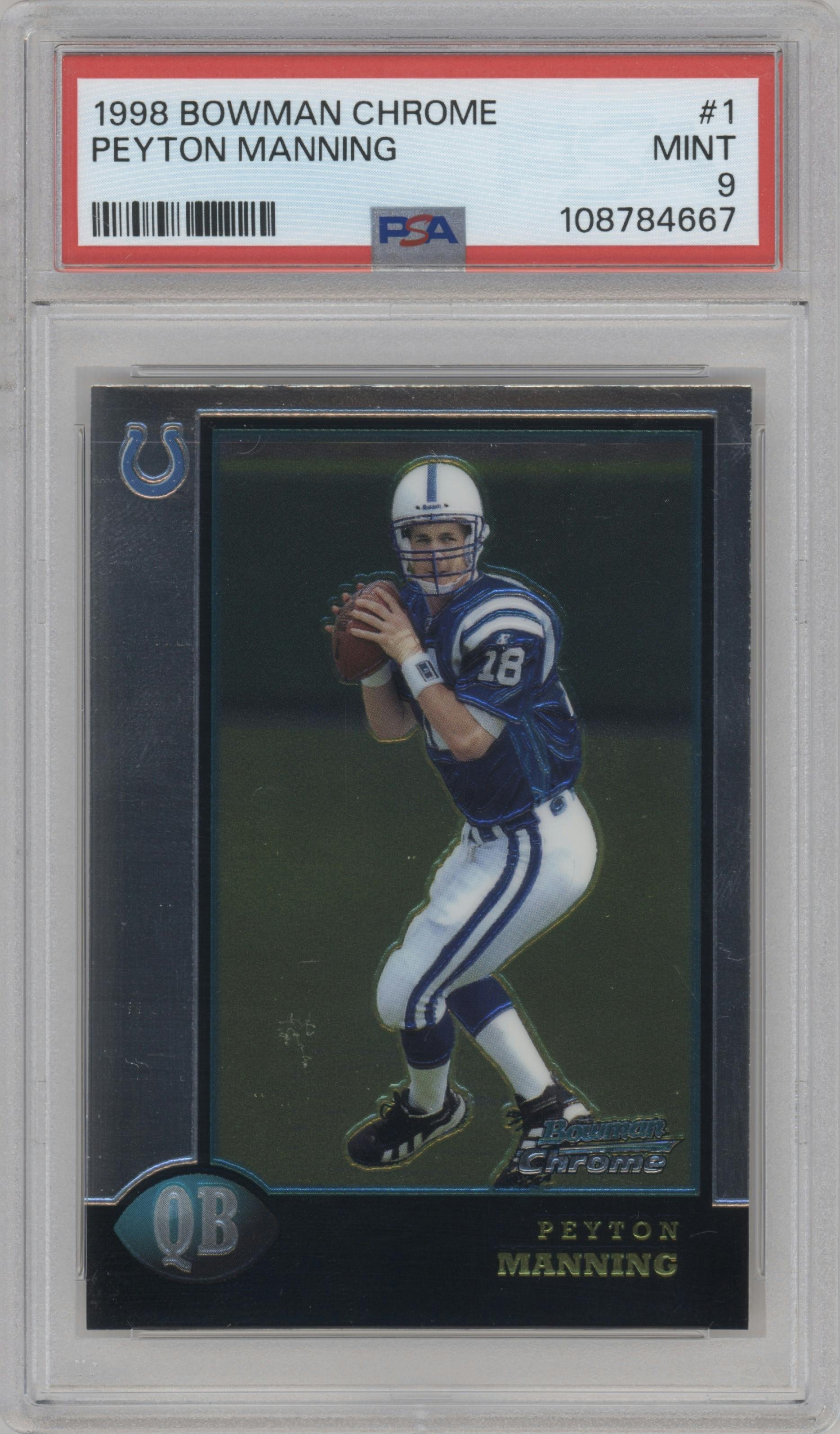 Peyton Manning from the 1998 Bowman Chrome set graded by PSA and given an overall grade of 9.