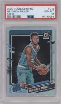 Brandon Miller from the 2023-24 Donruss Optic set featuring a Holo parallel graded by PSA and given an overall grade of 10.