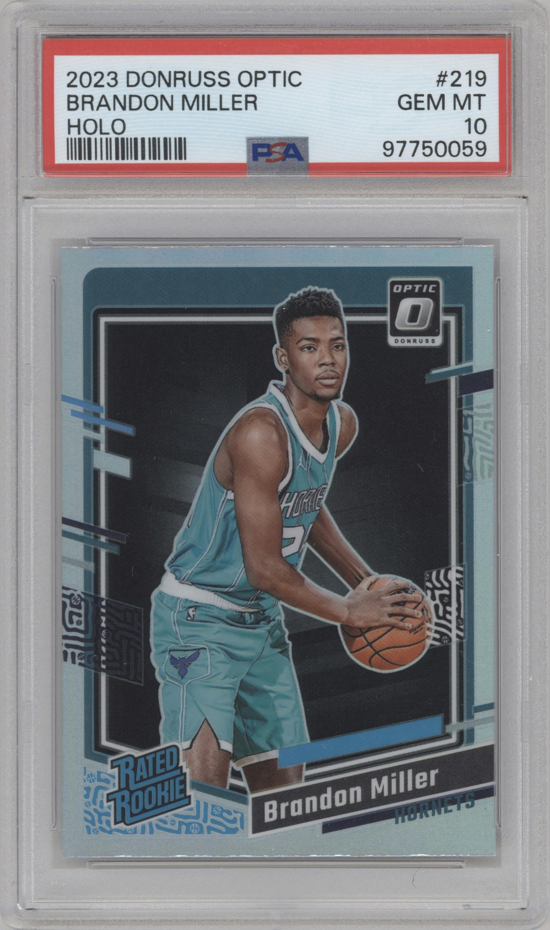 Brandon Miller from the 2023-24 Donruss Optic set featuring a Holo parallel graded by PSA and given an overall grade of 10.