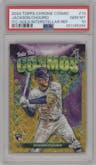 Jackson Chourio from the 2024 Topps Cosmic Chrome set featuring a Gold Interstellar Refractor parallel graded by PSA and given an overall grade of 10.
