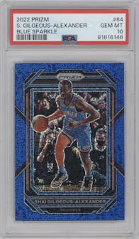 Shai Gilgeous-Alexander from the 2022-23 Panini Prizm  set featuring a Blue Sparkle parallel graded by PSA and given an overall grade of 10.