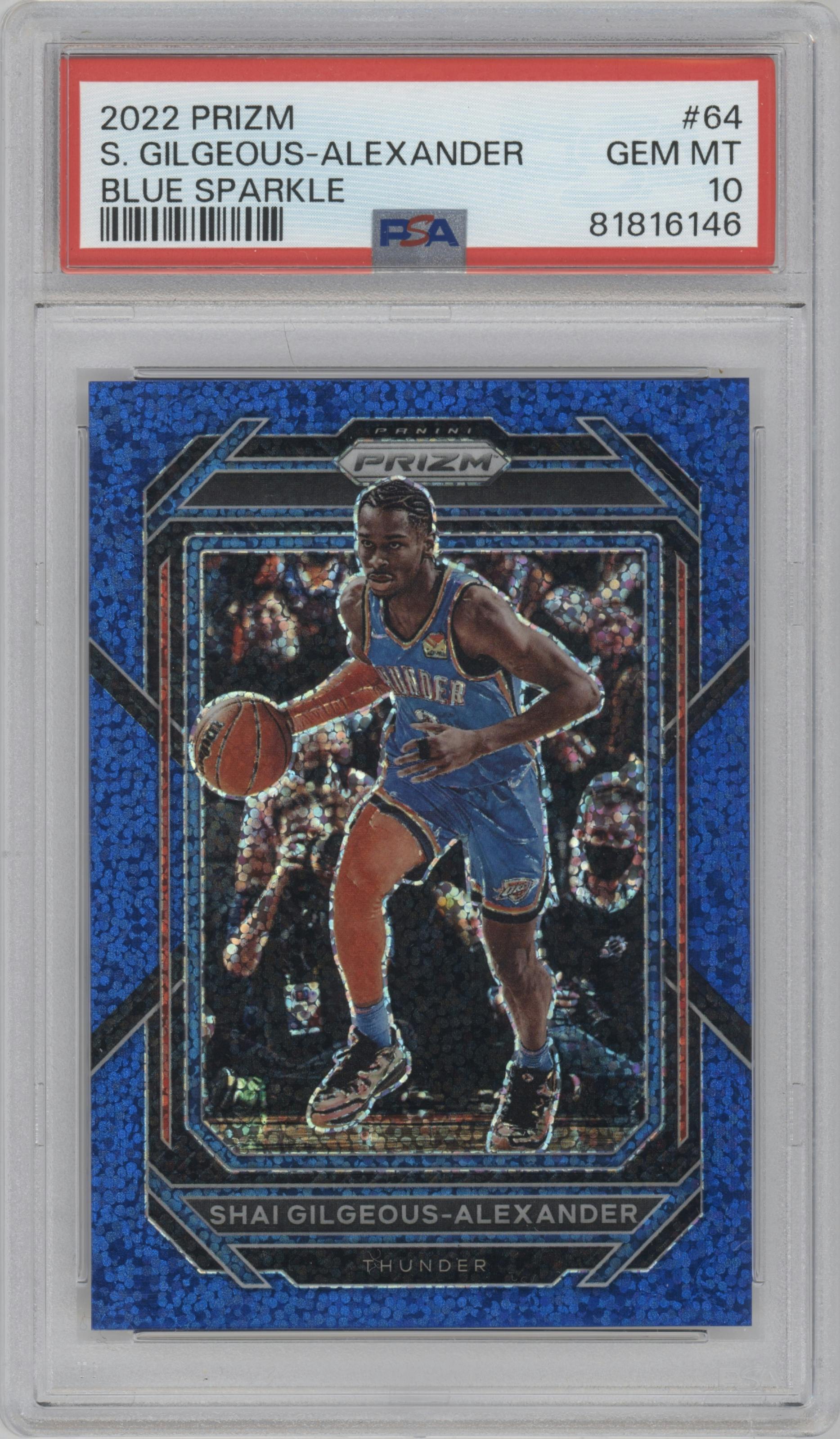 Shai Gilgeous-Alexander from the 2022-23 Panini Prizm  set featuring a Blue Sparkle parallel graded by PSA and given an overall grade of 10.