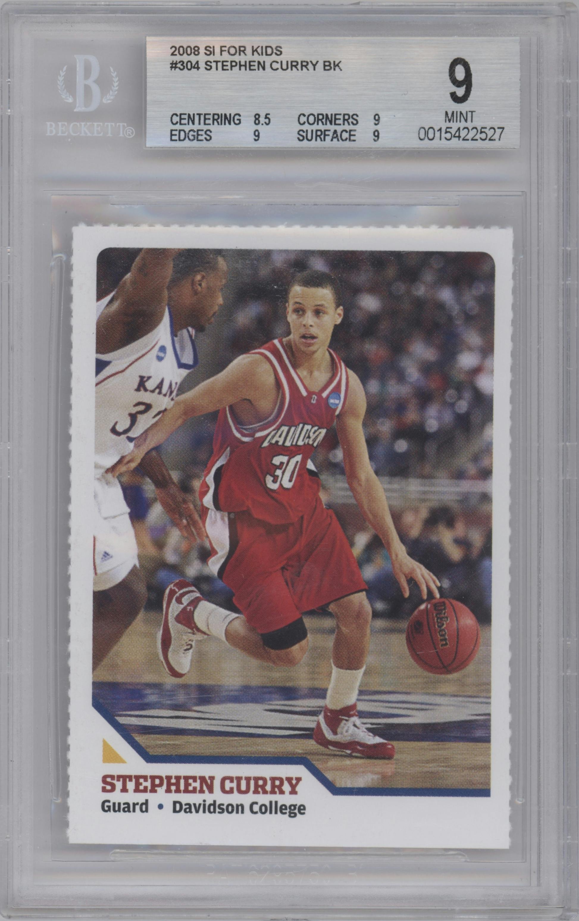 Stephen Curry from the 2008 Sports Illustrated for Kids set graded by Beckett and given an overall grade of 9.