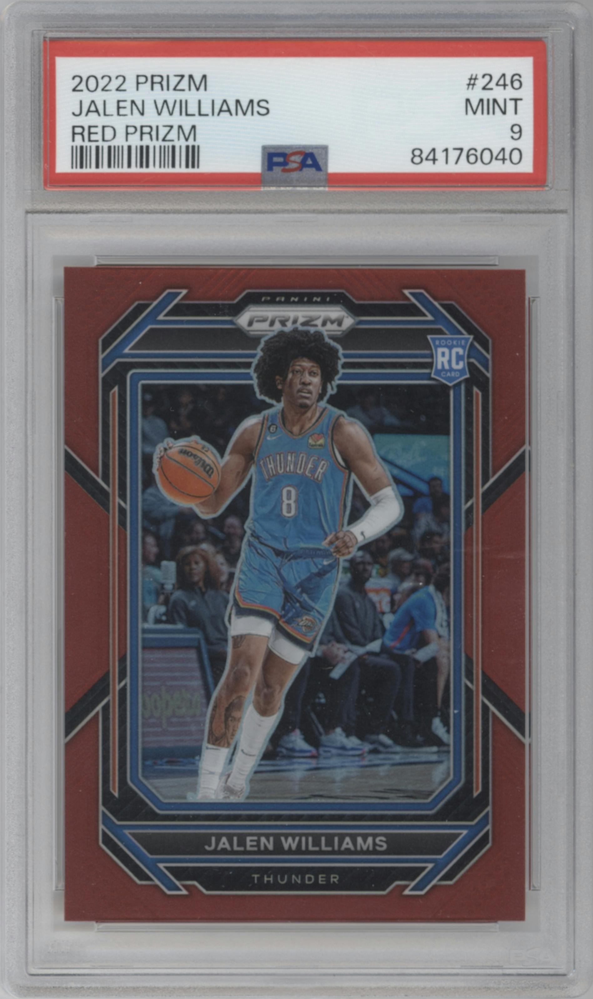 Jalen Williams from the 2022-23 Panini Prizm  set featuring a Red Prizm parallel graded by PSA and given an overall grade of 9.