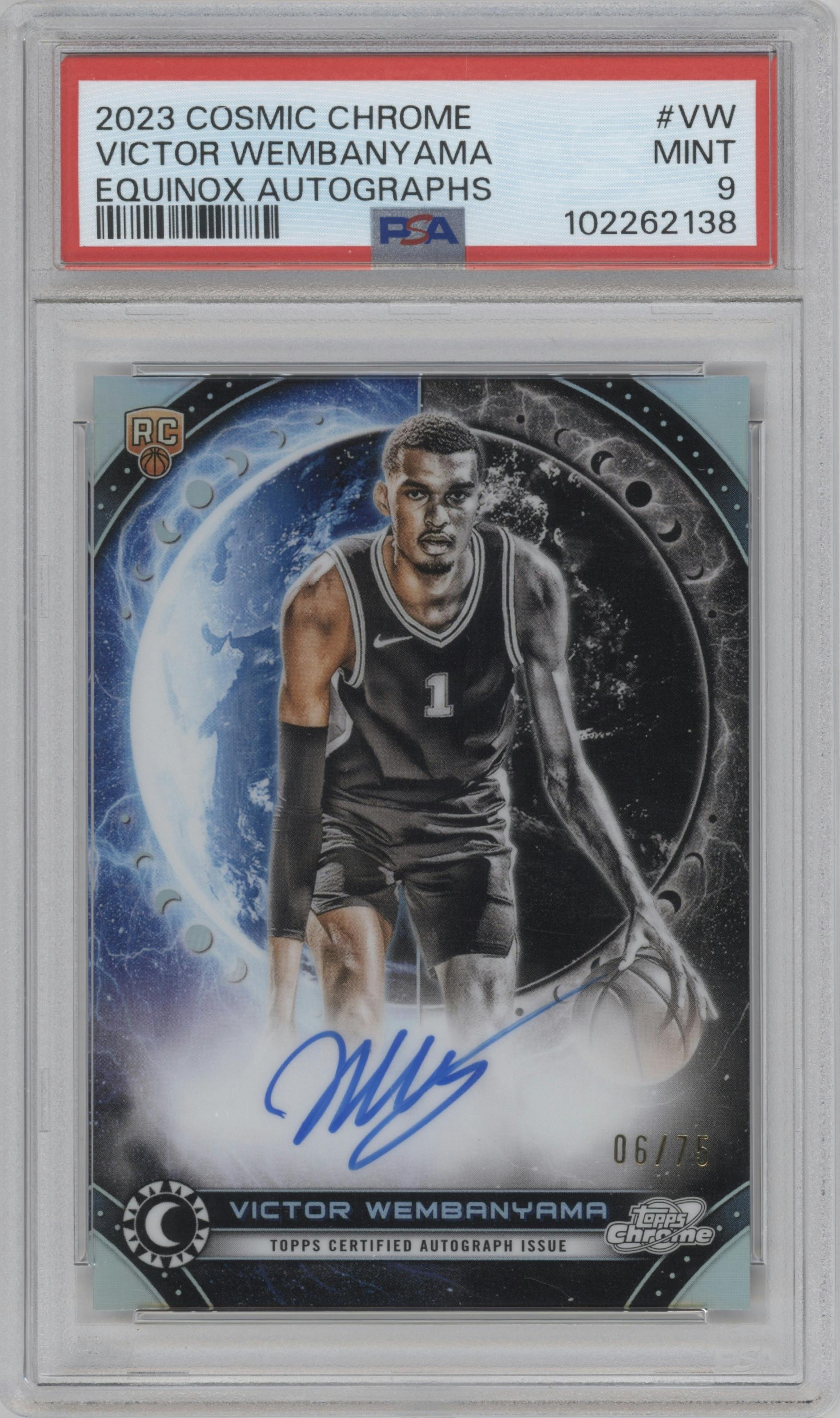 Victor Wembanyama from the 2023-24 Topps Chrome Cosmic set graded by PSA and given an overall grade of 9.
