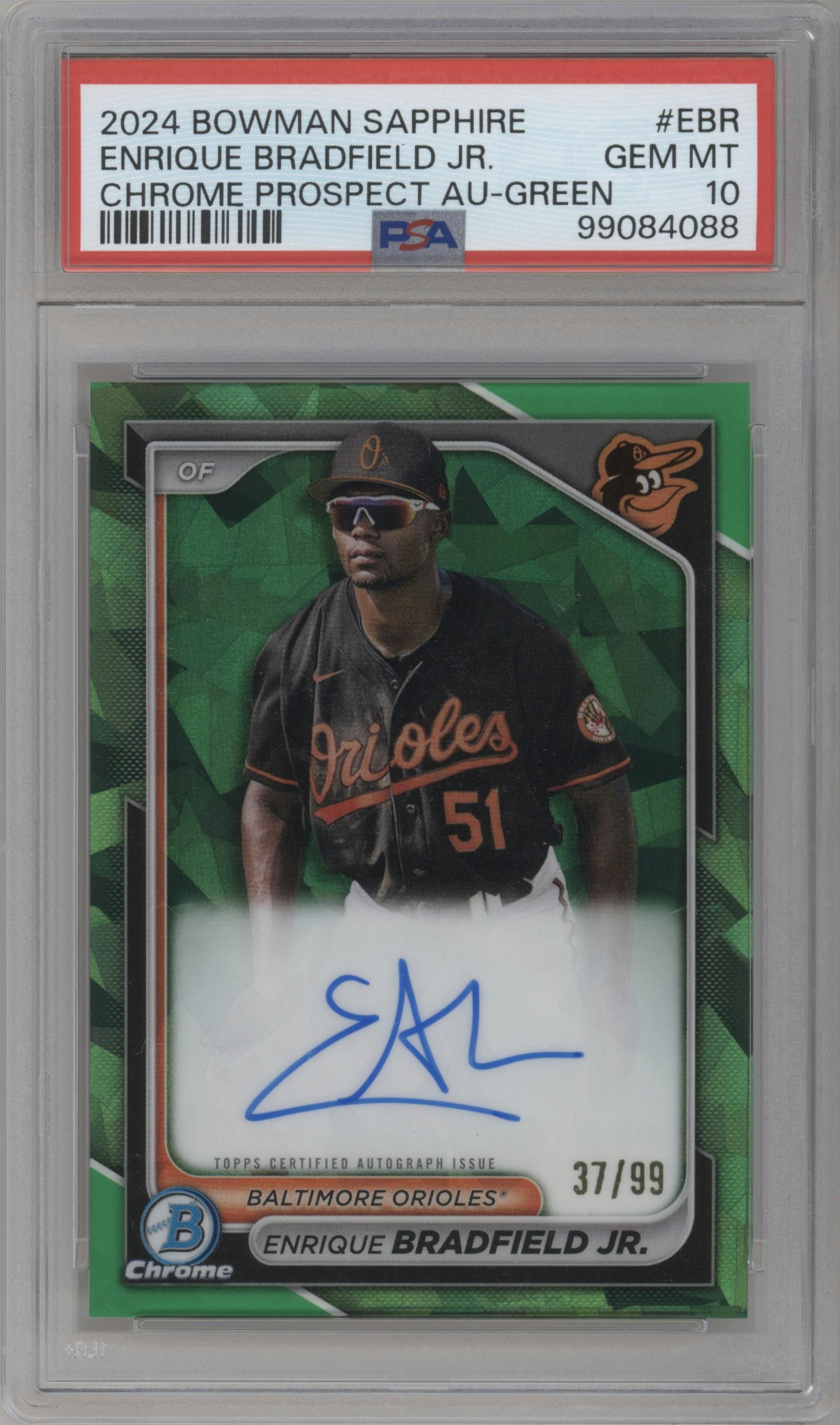 Enrique Bradfield Jr. from the 2024 Bowman Sapphire Edition set featuring a Green parallel graded by PSA and given an overall grade of 10.