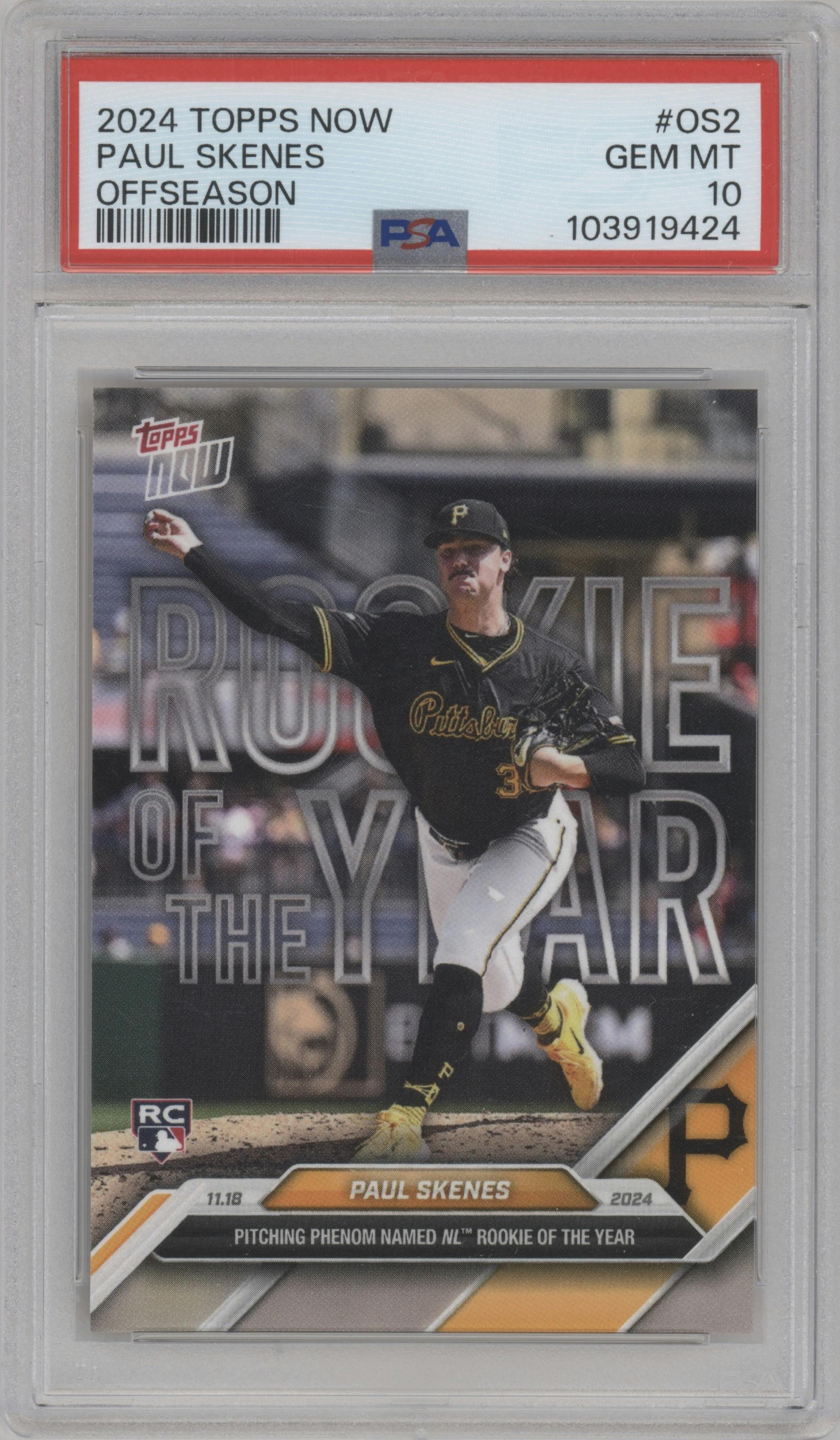 Paul Skenes from the 2024-25 Topps Now Off-Season set graded by PSA and given an overall grade of 10.