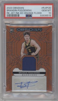 Brandin Podziemski from the 2023-24 Panini Obsidian set featuring a Electric Etch Orange Flood parallel graded by PSA and given an overall grade of 10.