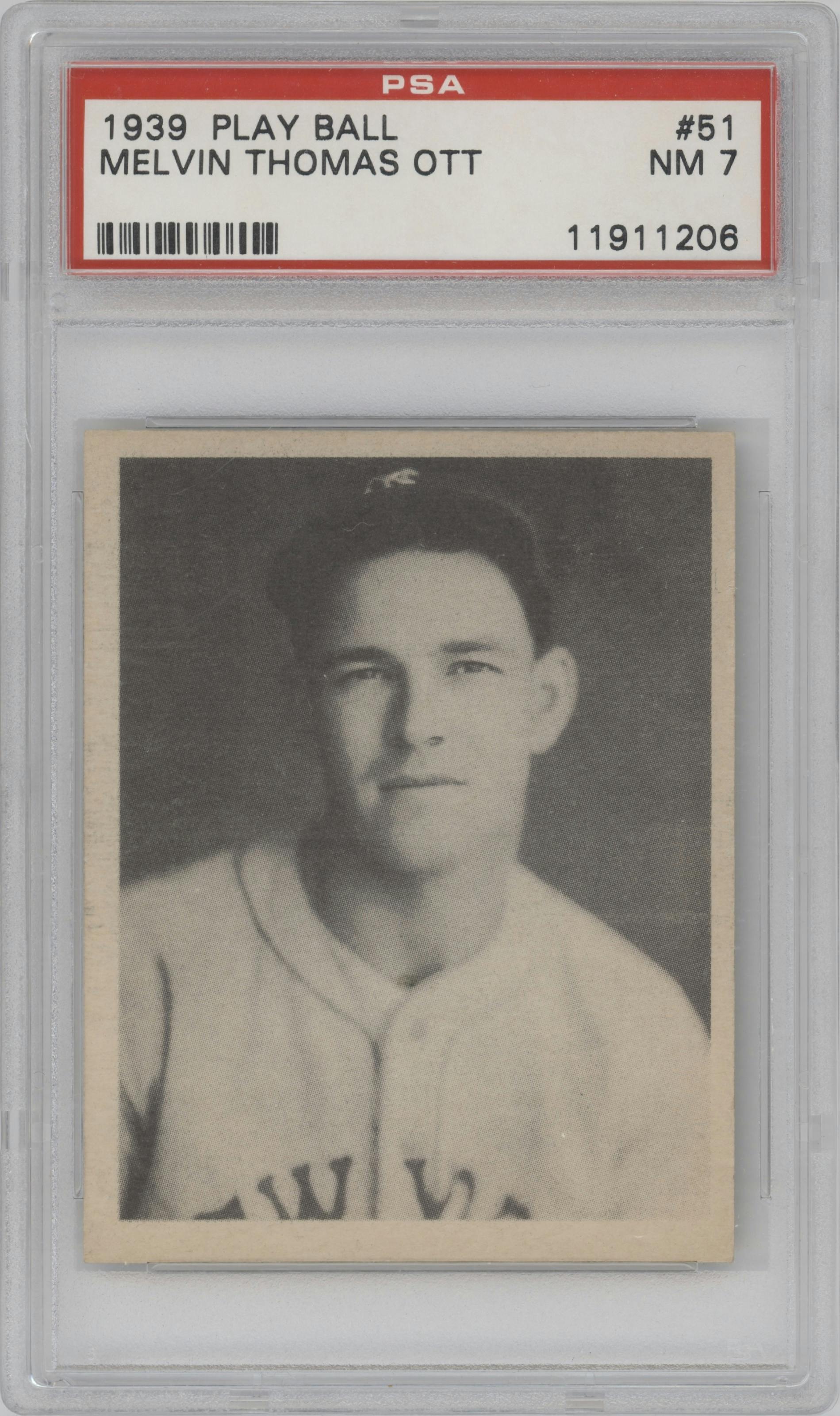 Melvin Thomas Ott from the 1939 Play Ball set graded by PSA and given an overall grade of 7.