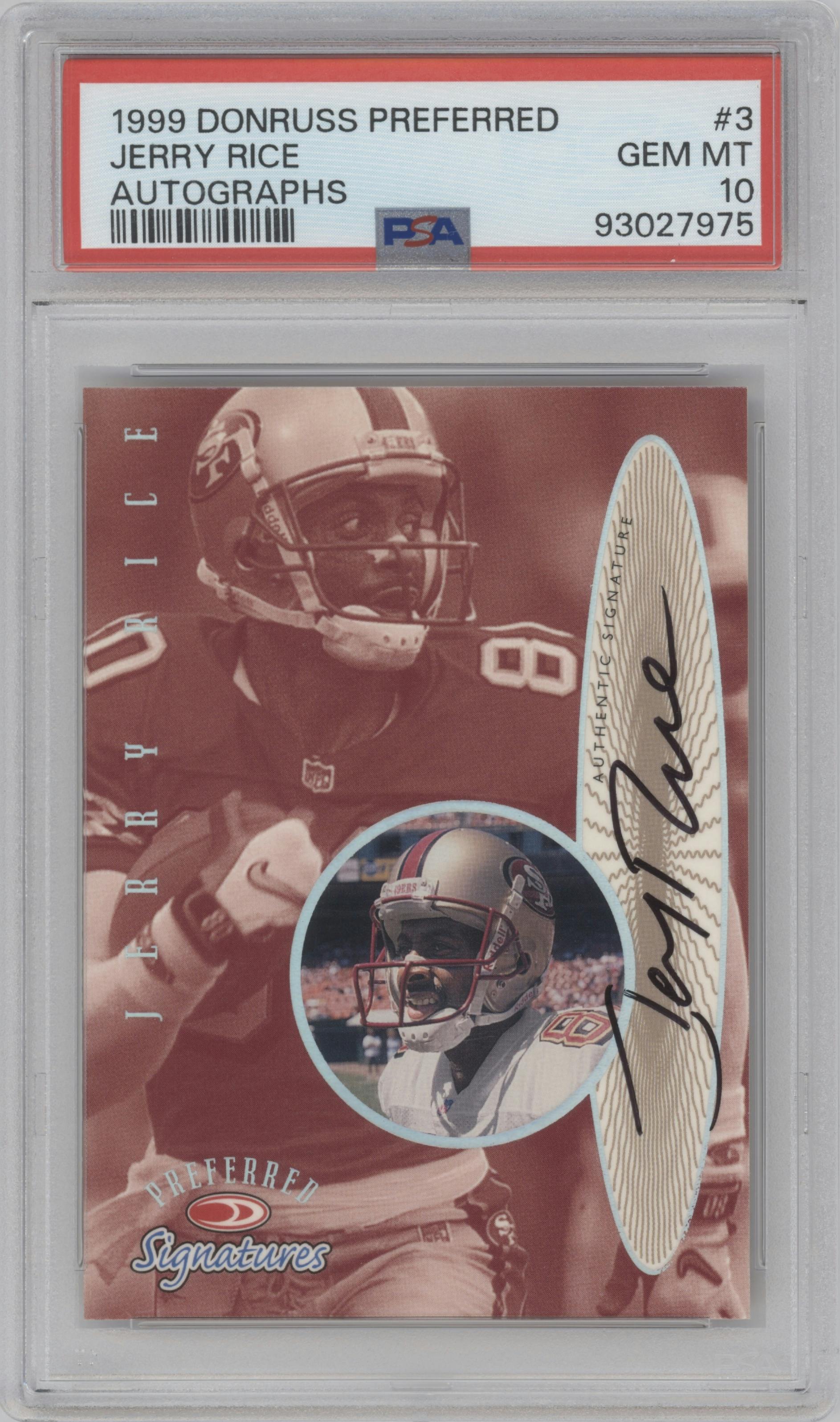 Jerry Rice from the 1999 Donruss Preferred QBC set graded by PSA and given an overall grade of 10.