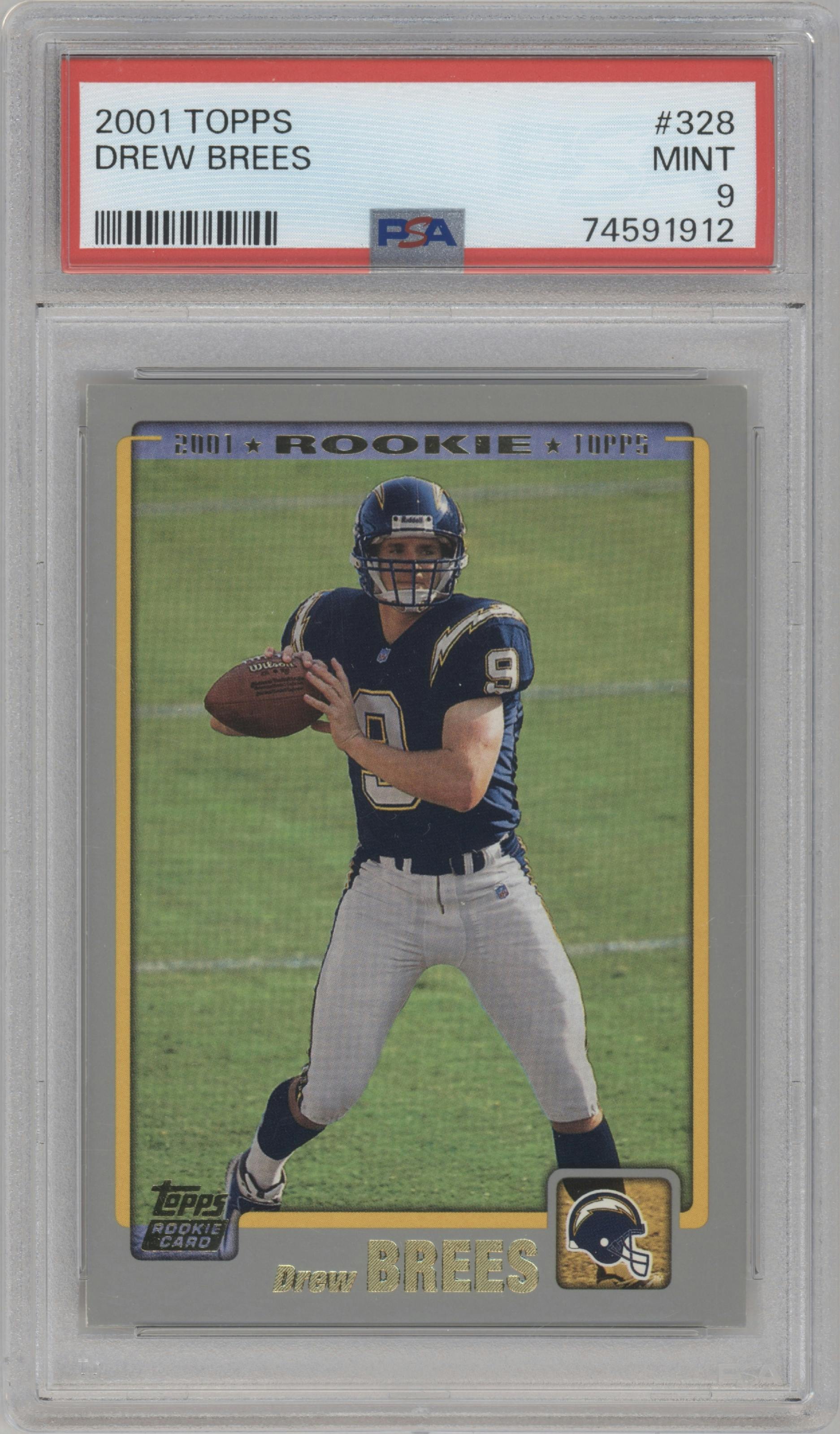 Drew Brees  from the 2001 Topps set graded by PSA and given an overall grade of 9.