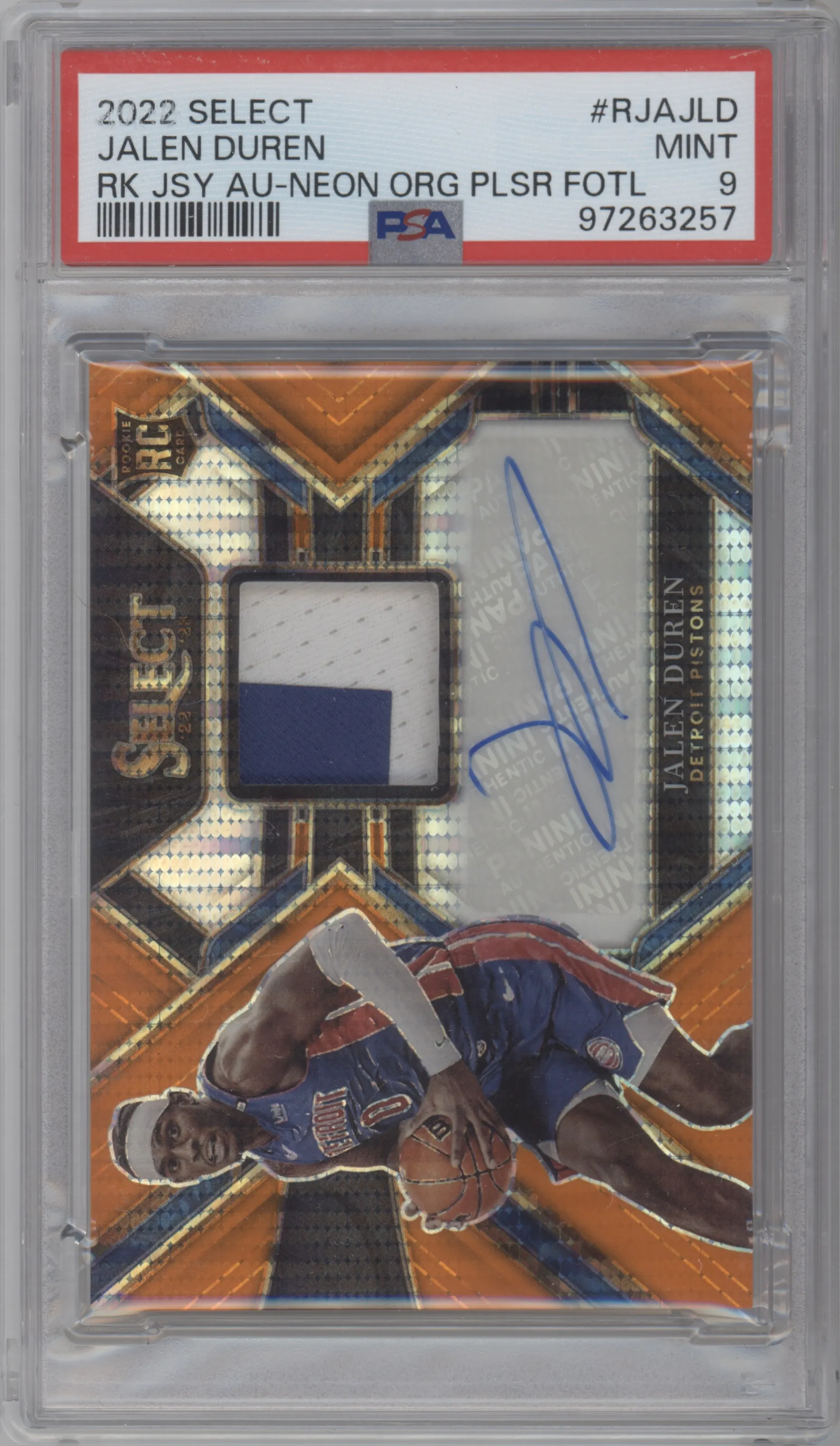2022 Panini Select Rke.Jrsy.Auto Jalen Duren Neon Orange Pulsar #RJA-JLD PSA 9