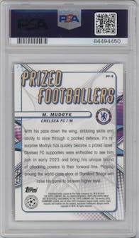 Mykhailo Mudryk from the 2022-23 Topps Finest UEFA Club Competitions set featuring a Blue Refractor parallel graded by PSA and given an overall grade of 10.