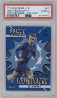 Mykhailo Mudryk from the 2022-23 Topps Finest UEFA Club Competitions set featuring a Blue Refractor parallel graded by PSA and given an overall grade of 10.