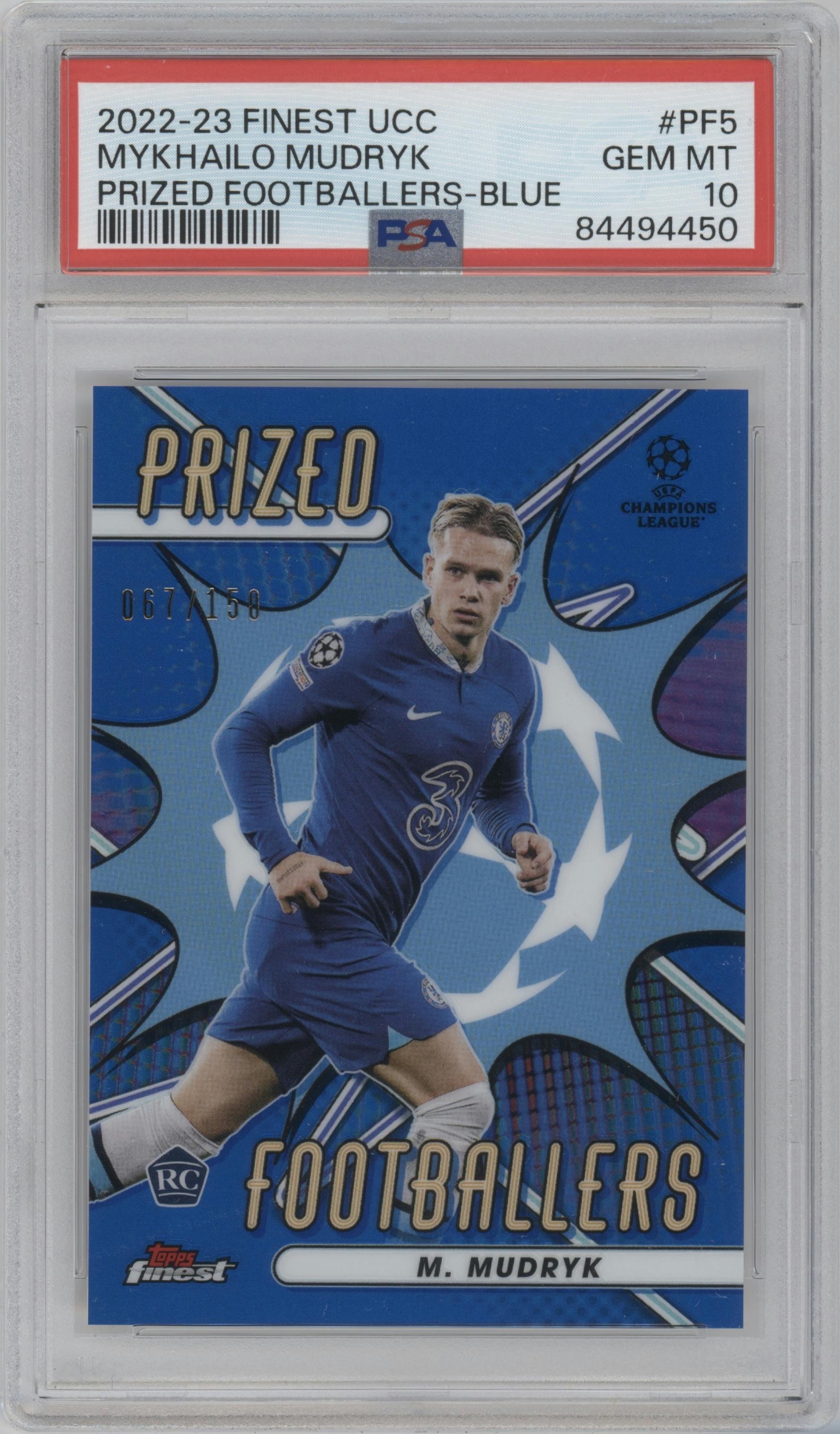 Mykhailo Mudryk from the 2022-23 Topps Finest UEFA Club Competitions set featuring a Blue Refractor parallel graded by PSA and given an overall grade of 10.