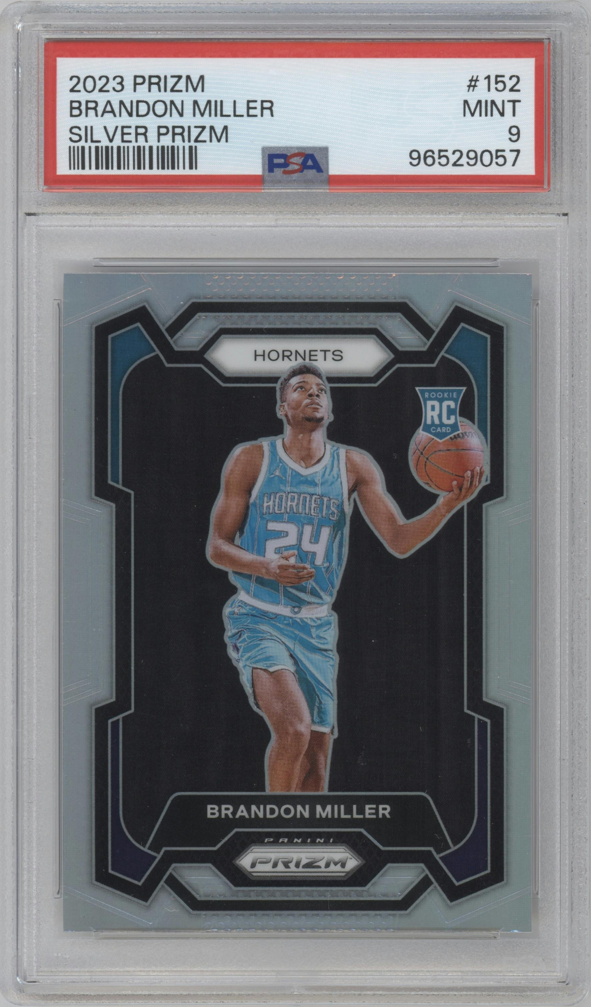 Brandon Miller from the 2023-24 Panini Prizm set featuring a Silver Prizm  parallel graded by PSA and given an overall grade of 9.
