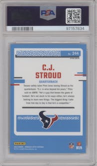 C.J. Stroud from the 2023 Donruss Optic set featuring a Holo parallel graded by PSA and given an overall grade of 10.