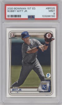 Bobby Witt Jr. from the 2020 Bowman 1st Edition set graded by PSA and given an overall grade of 9.