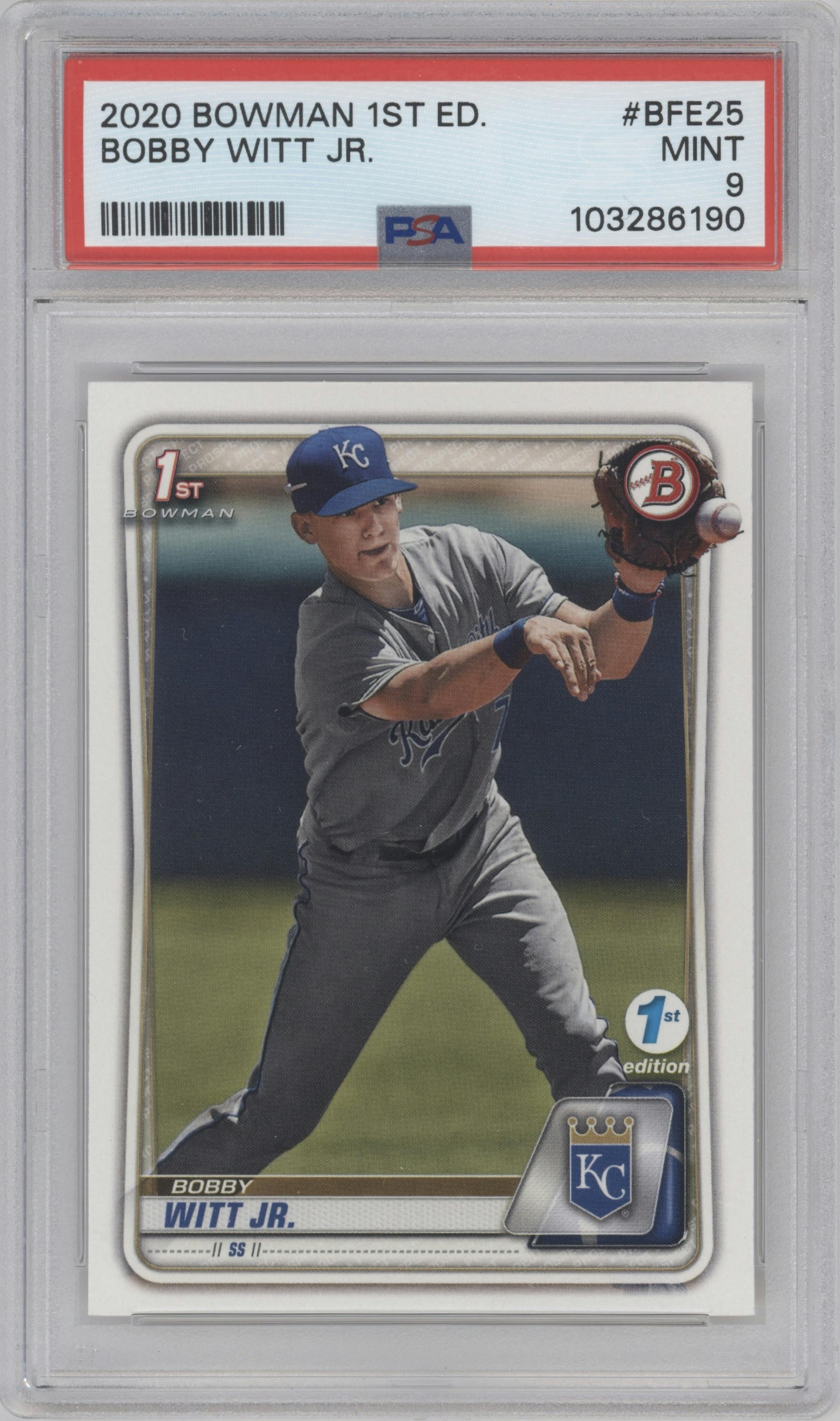 Bobby Witt Jr. from the 2020 Bowman 1st Edition set graded by PSA and given an overall grade of 9.