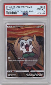 Rowlet from the 2018 Pokemon S&M JPN  set featuring a Munch: A Retrospective  parallel graded by PSA and given an overall grade of 10.