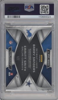 Barry Sanders / Emmitt Smith from the 2024 Panini Spectra set featuring a Nebula parallel graded by PSA and given an overall grade of 10.