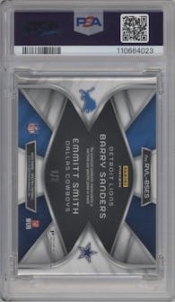 Barry Sanders / Emmitt Smith from the 2024 Panini Spectra set featuring a Nebula parallel graded by PSA and given an overall grade of 10.