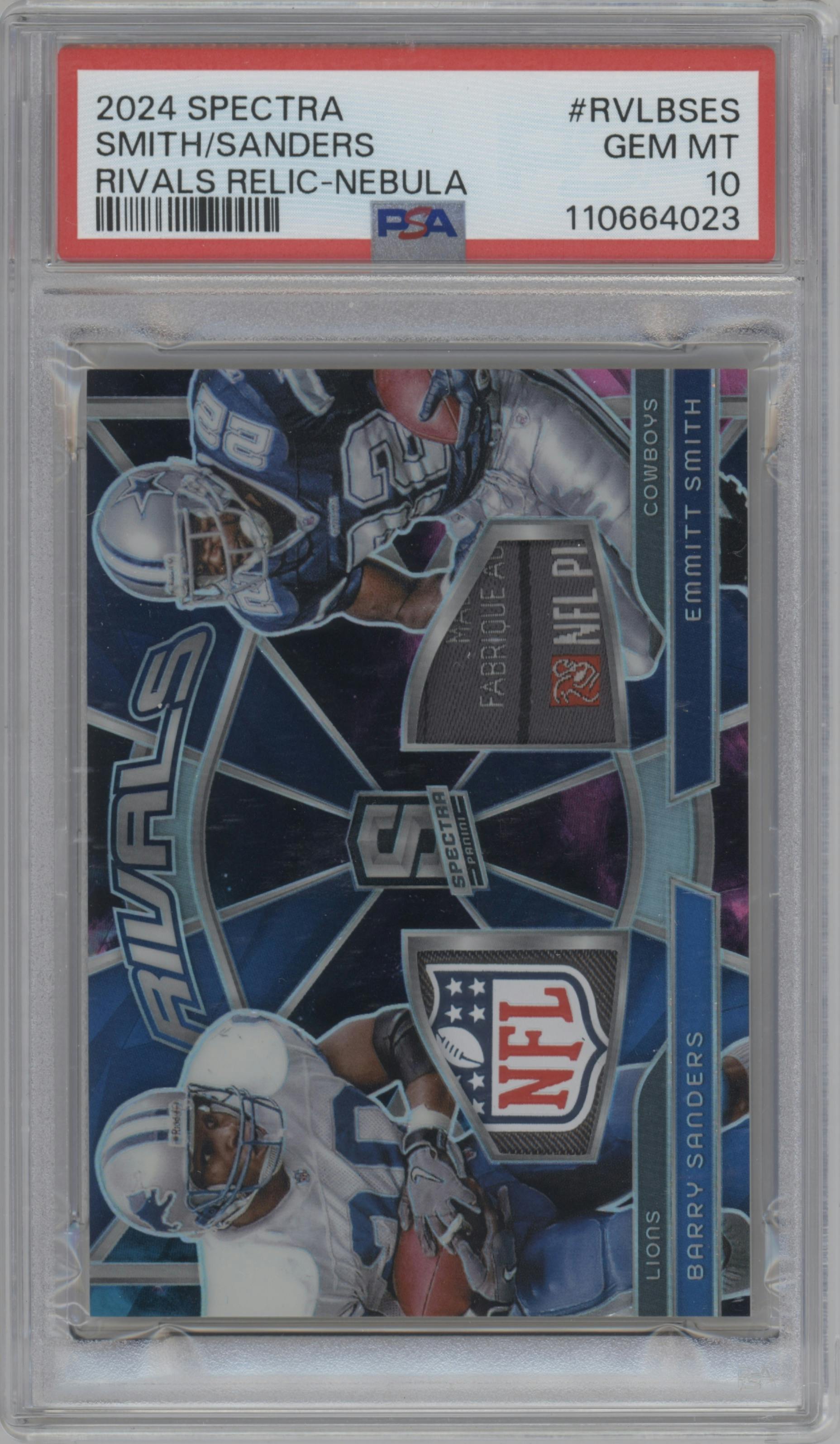 Barry Sanders / Emmitt Smith from the 2024 Panini Spectra set featuring a Nebula parallel graded by PSA and given an overall grade of 10.