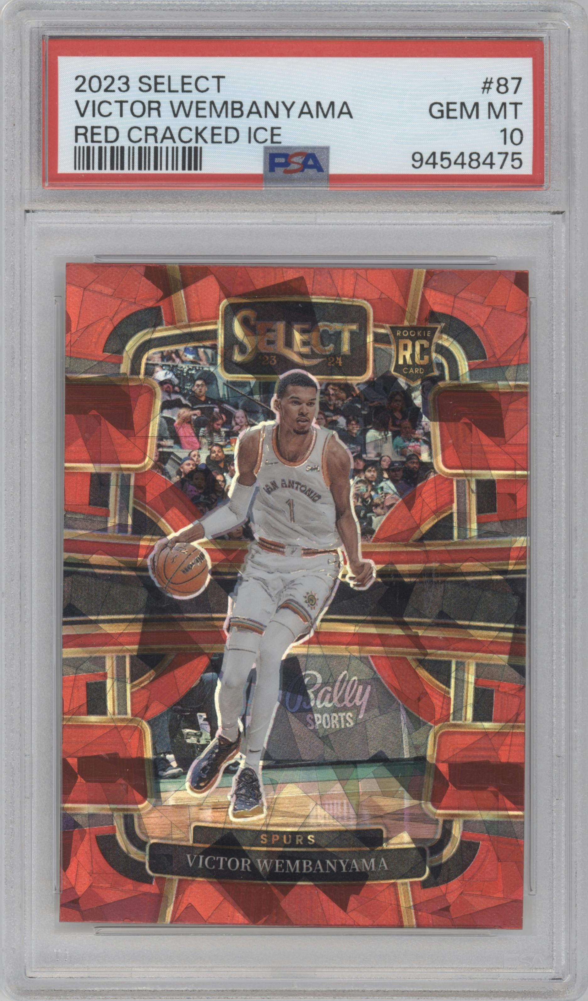Victor Wembanyama from the 2023-24 Panini Select  set featuring a Red Cracked Ice parallel graded by PSA and given an overall grade of 10.