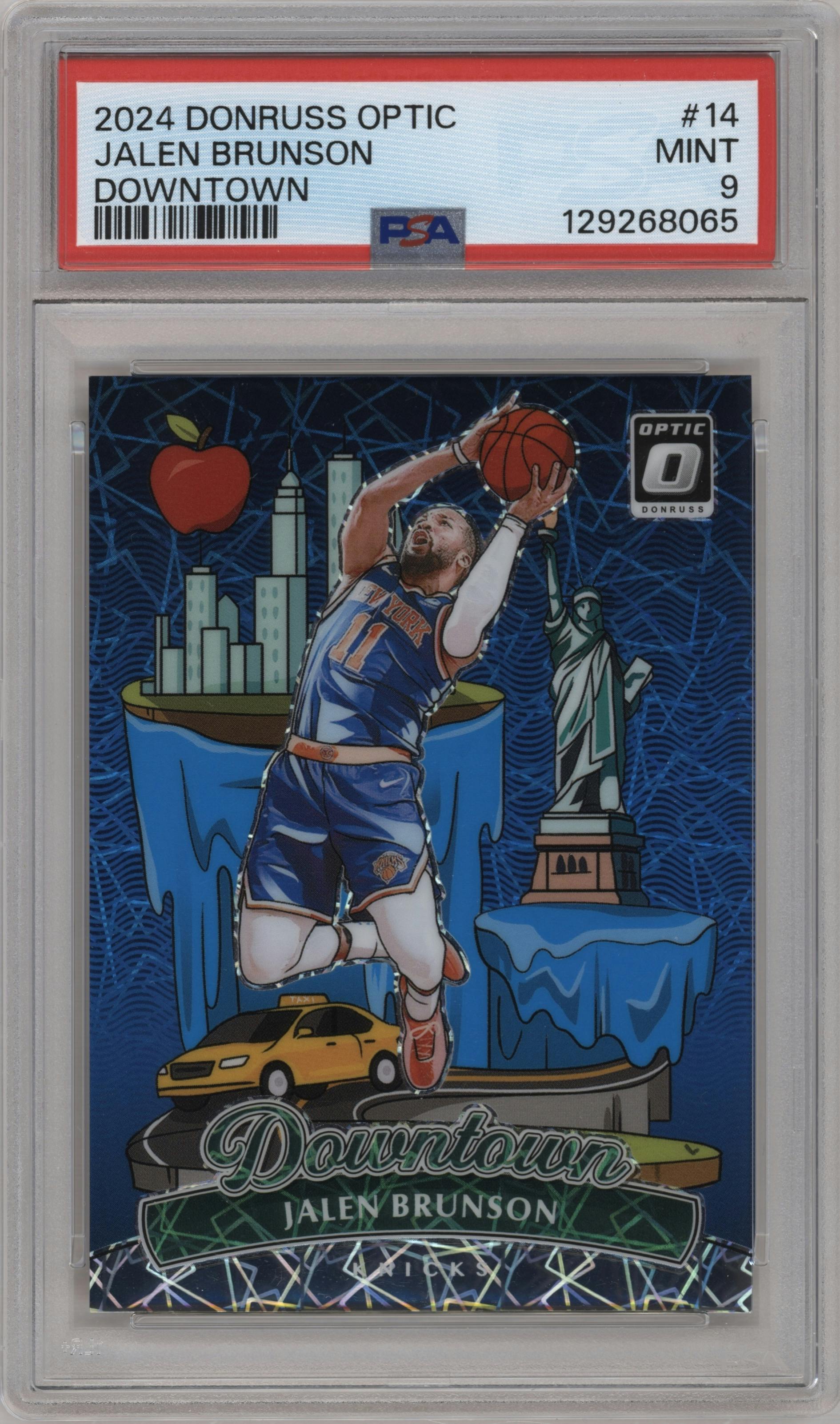 Jalen Brunson from the 2024-25 Donruss Optic set graded by PSA and given an overall grade of 9.