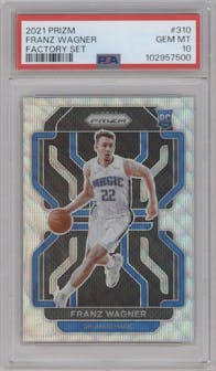 Franz Wagner from the 2021-22 Panini Prizm  set featuring a Factory Box Set parallel graded by PSA and given an overall grade of 10.