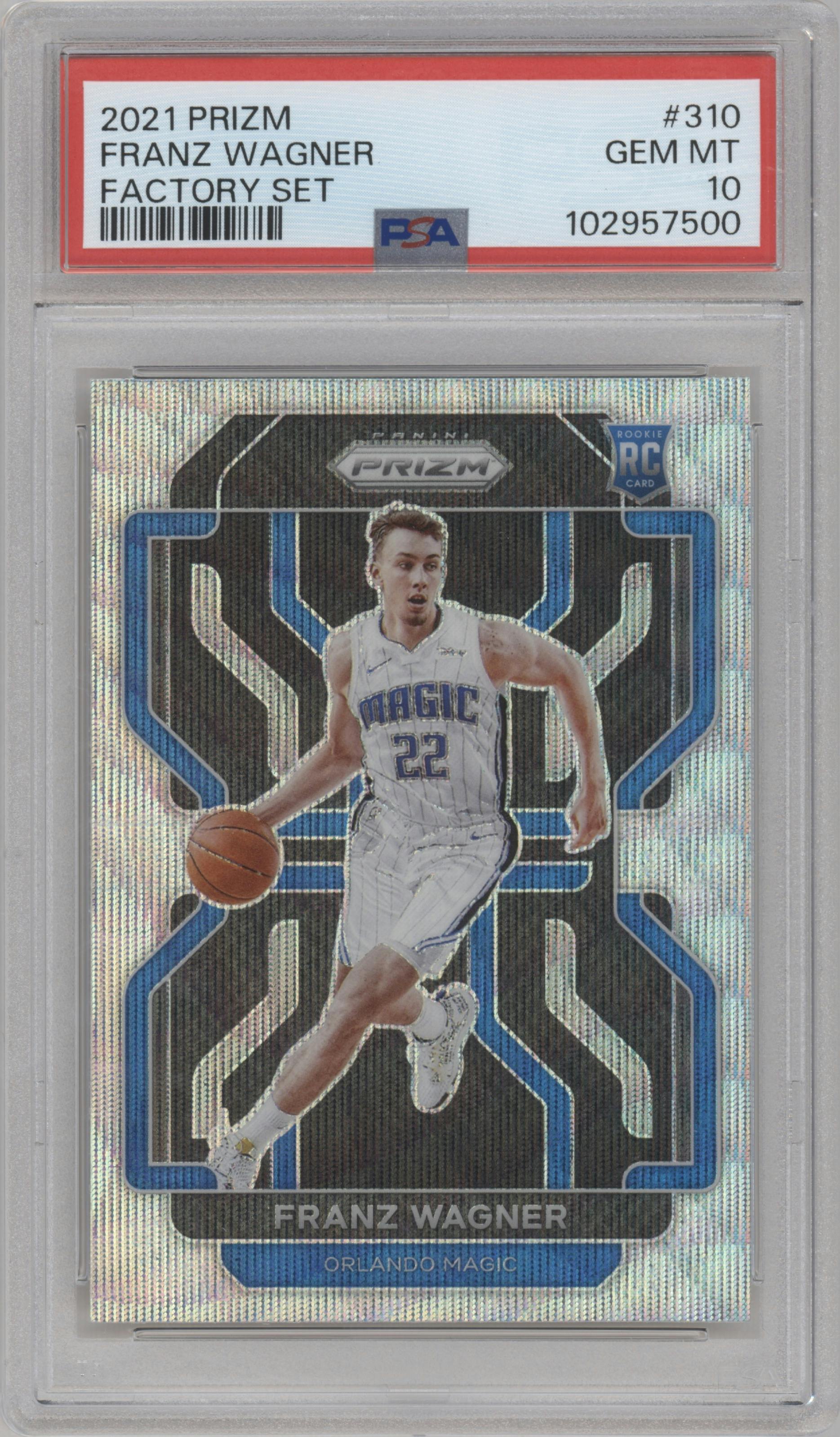 Franz Wagner from the 2021-22 Panini Prizm  set featuring a Factory Box Set parallel graded by PSA and given an overall grade of 10.