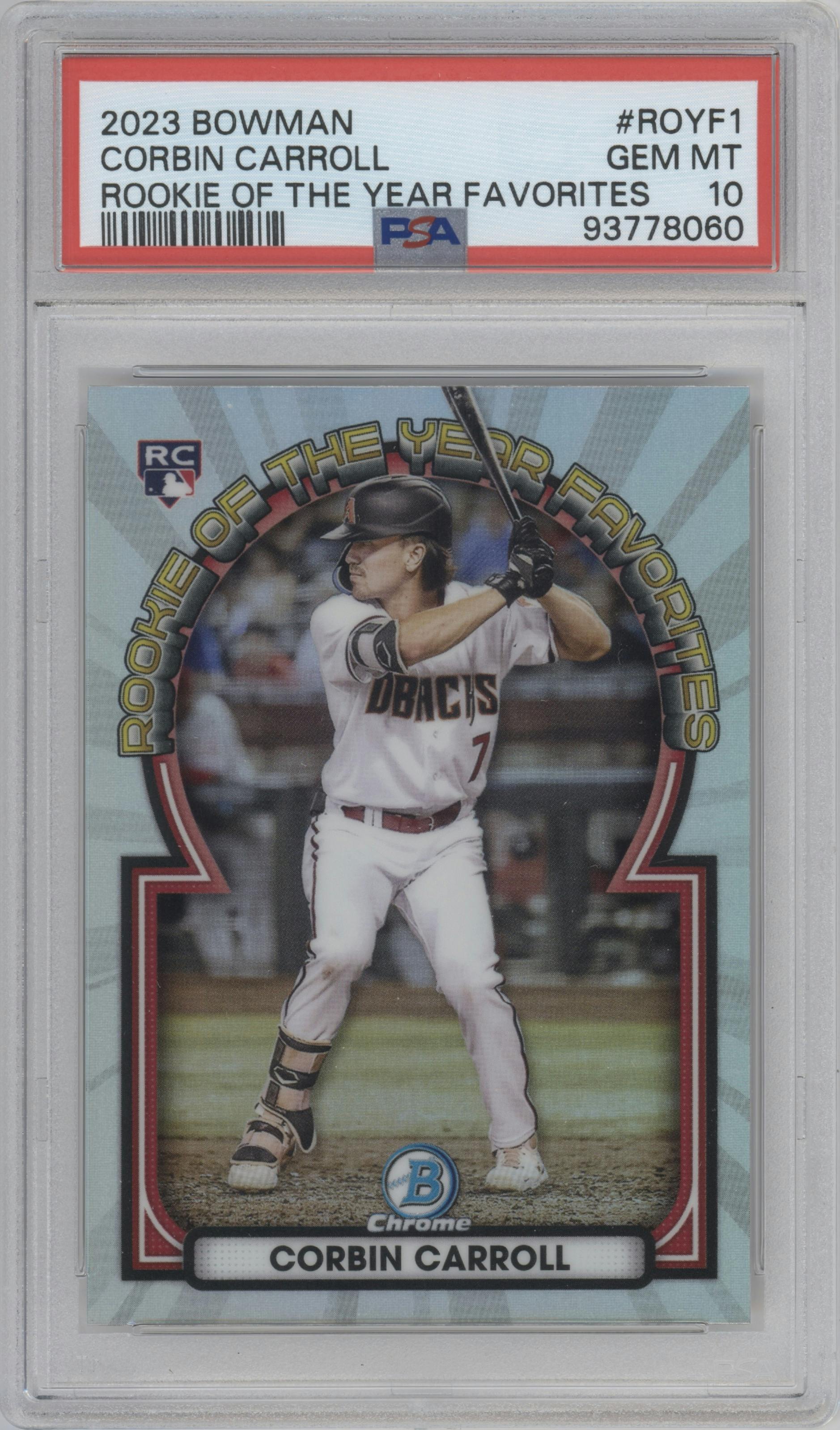 Corbin Carroll from the 2023 Bowman  set graded by PSA and given an overall grade of 10.