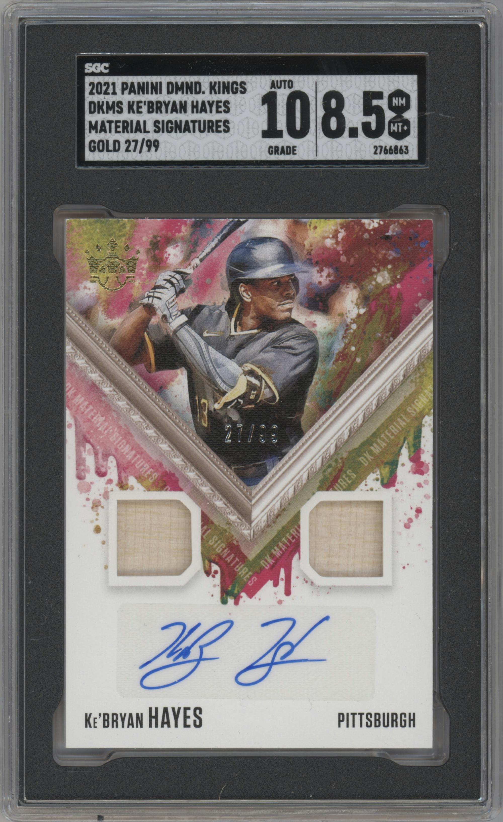 Ke'Bryan Hayes from the 2021 Panini Diamond Kings set featuring a Gold parallel graded by SGC and given an overall grade of 8.5.