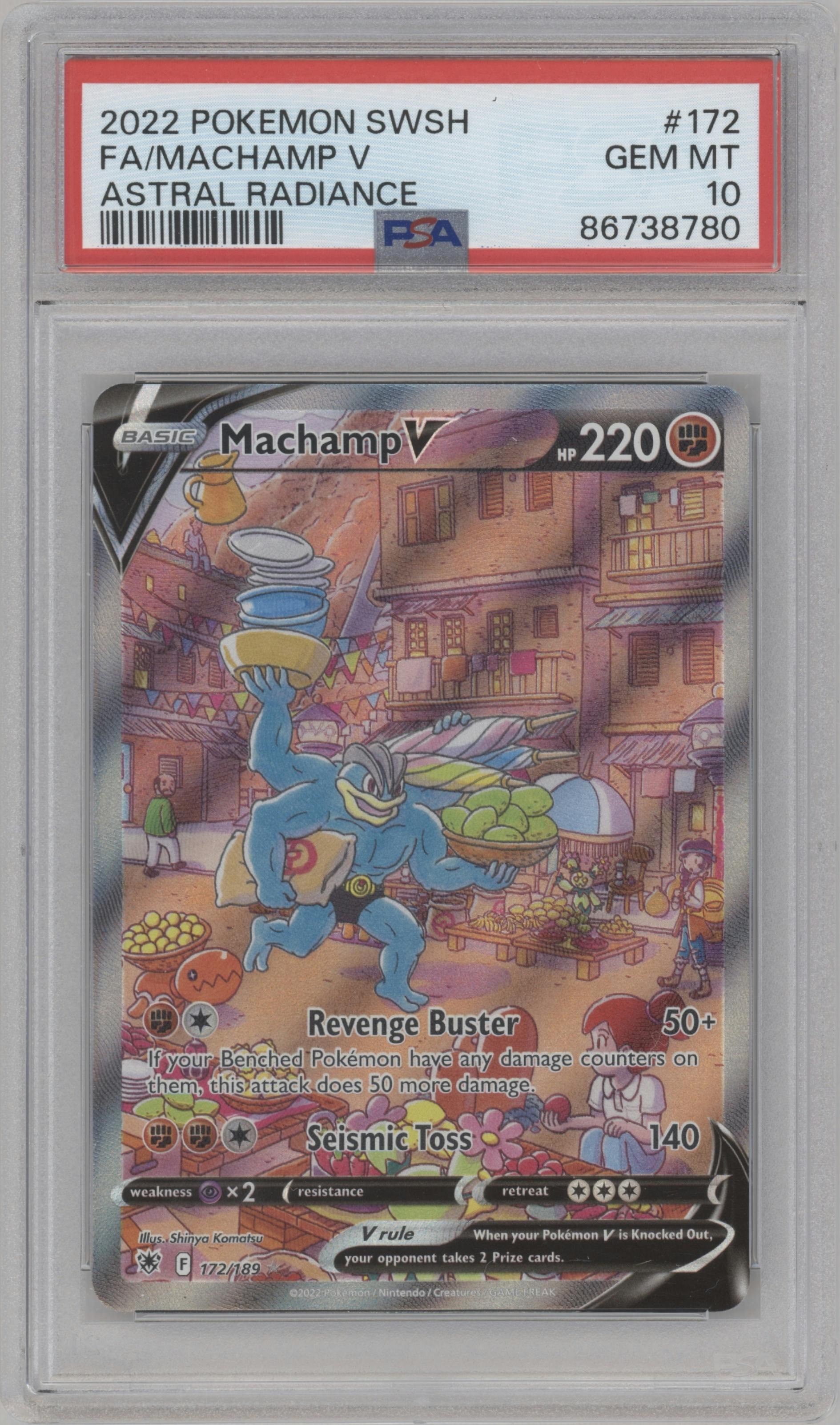 Machamp V from the 2022 Pokemon SWSH set graded by PSA and given an overall grade of 10.