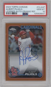 Albert Pujols from the 2024 Topps Chrome set featuring a Orange Refractor parallel graded by PSA and given an overall grade of 10.