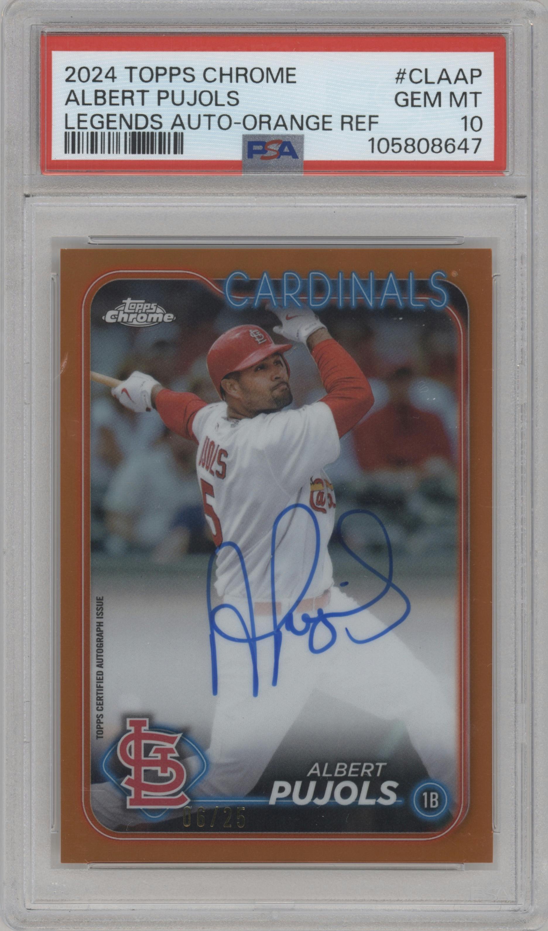 Albert Pujols from the 2024 Topps Chrome set featuring a Orange Refractor parallel graded by PSA and given an overall grade of 10.